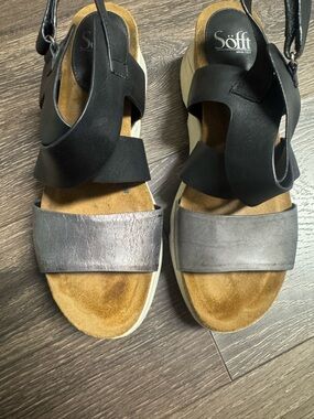 Söfft Two-Tone Black and Metallic Gray Leather Wedge Sandals